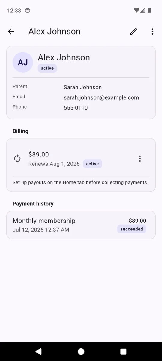 A child record in AfterBell showing the parent name, contact details, an active recurring plan and a payment history entry