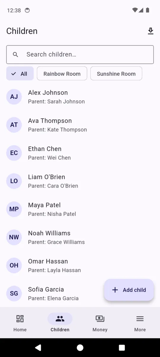 The AfterBell children list with a search box, Rainbow Room and Sunshine Room filter chips, and each child listed under a parent name