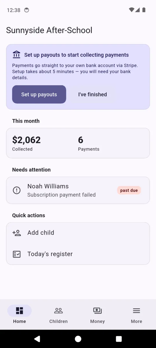 The AfterBell dashboard for a demo club showing this month collected, a payment count, a failed subscription under Needs attention, and quick actions to add a child or open the register
