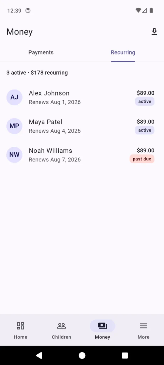 The recurring tab in AfterBell showing three active subscriptions totalling 178 dollars, with renewal dates and one marked past due