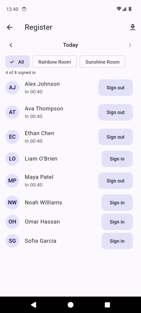 AfterBell's register for today showing four of eight signed in, with some rows carrying an in time and a Sign out button and others still showing Sign in