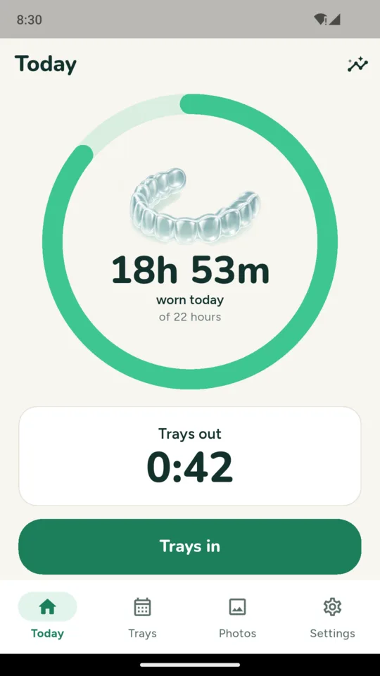 Today: 18h 53m worn against a 22-hour target, trays out for 42 minutes