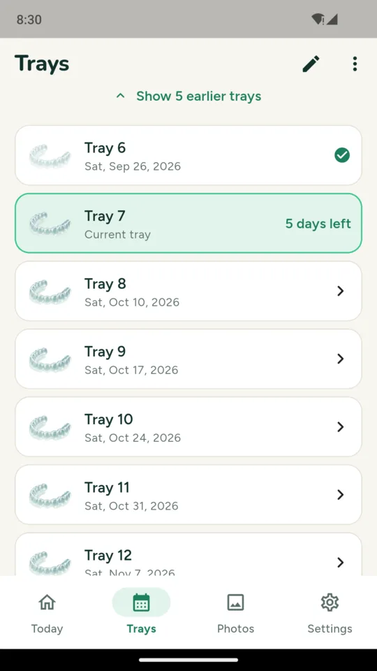 Trays: the current tray with 5 days left, and the trays after it with their dates