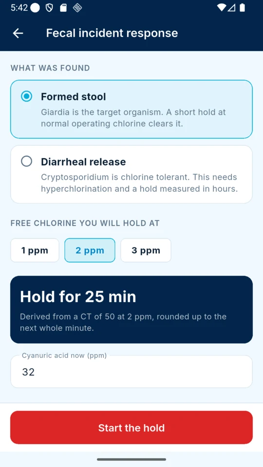 The fecal incident response screen showing a 25 minute hold derived from a CT of 50 at 2 ppm