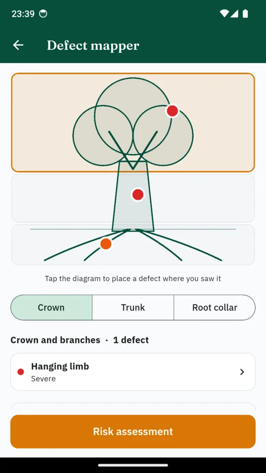 ArborProof anatomical defect mapper, with a defect pinned on the crown