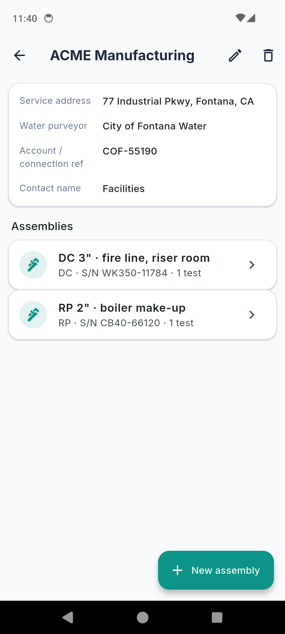 Backflow Test Report Log customer detail showing service address, water purveyor and the backflow assemblies on site