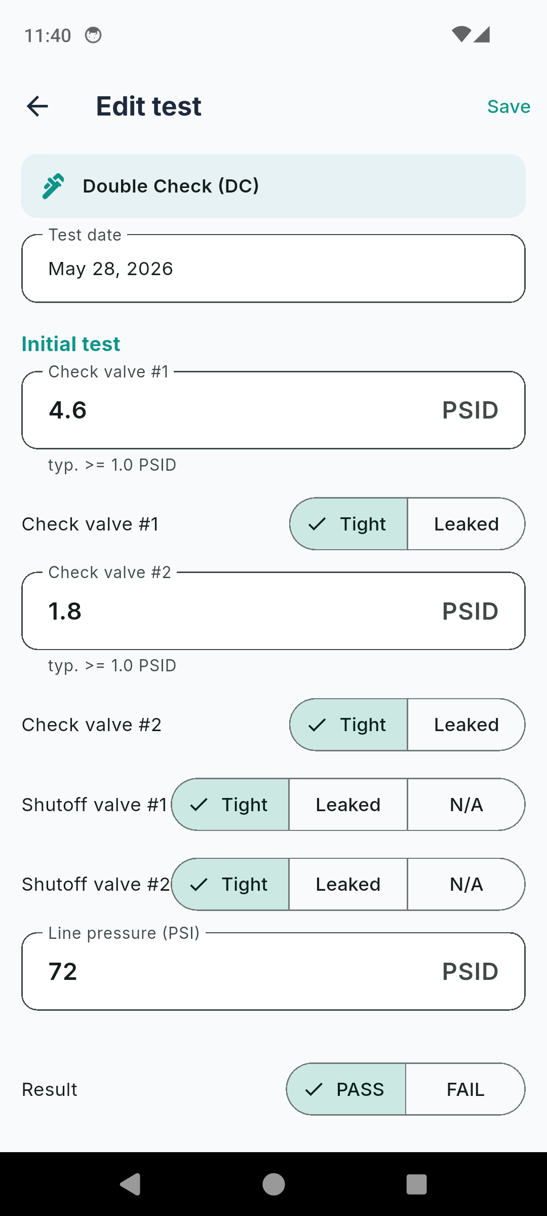 Backflow Test Report Log test form with type-conditional check valve and PSID fields, shutoff condition and pass result