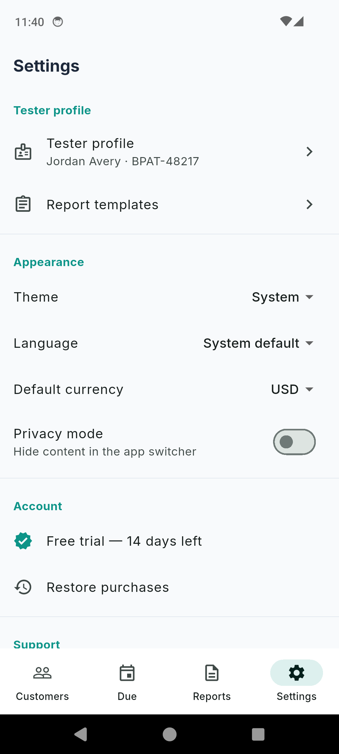 Backflow Test Report Log settings with tester profile, report templates, language and currency