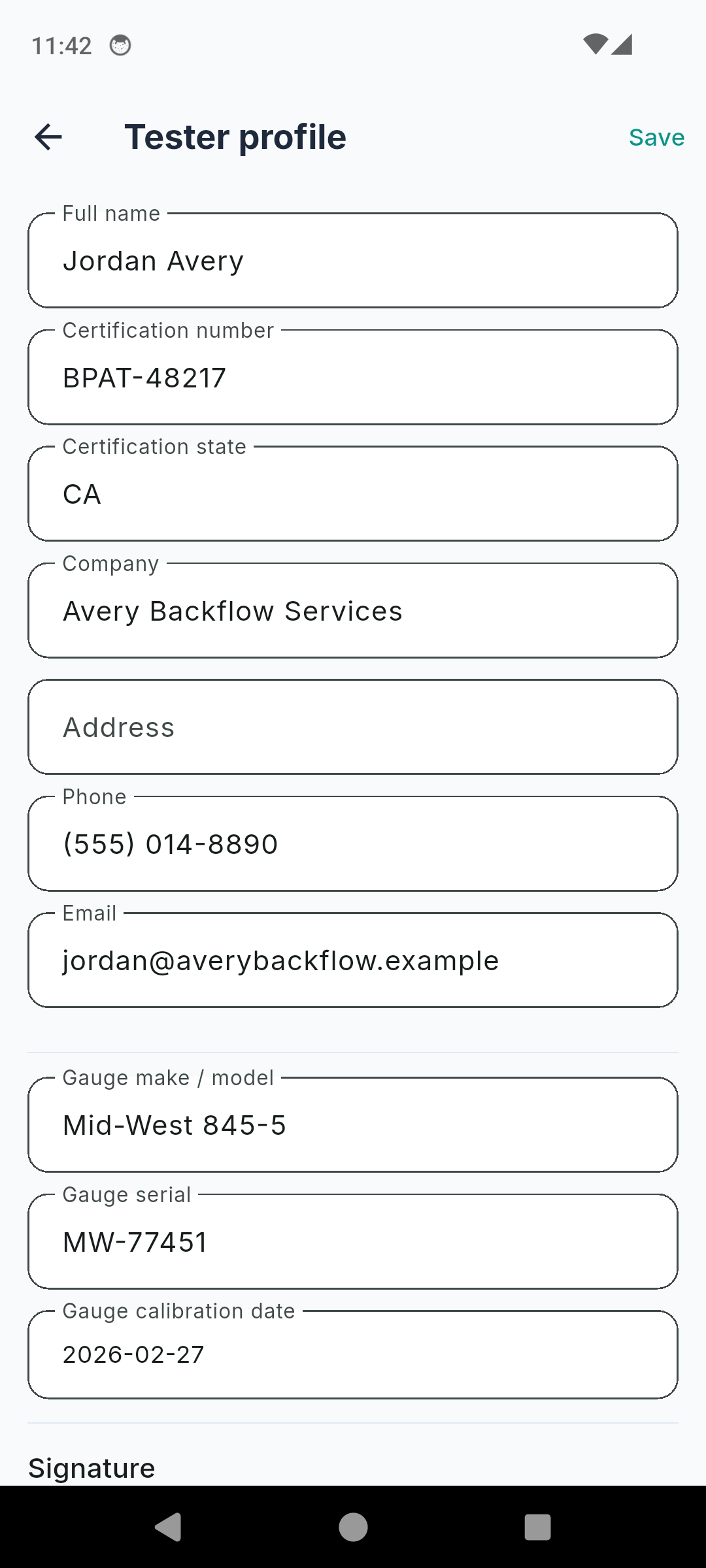 Backflow Test Report Log tester profile with certification number, gauge details, calibration date and signature