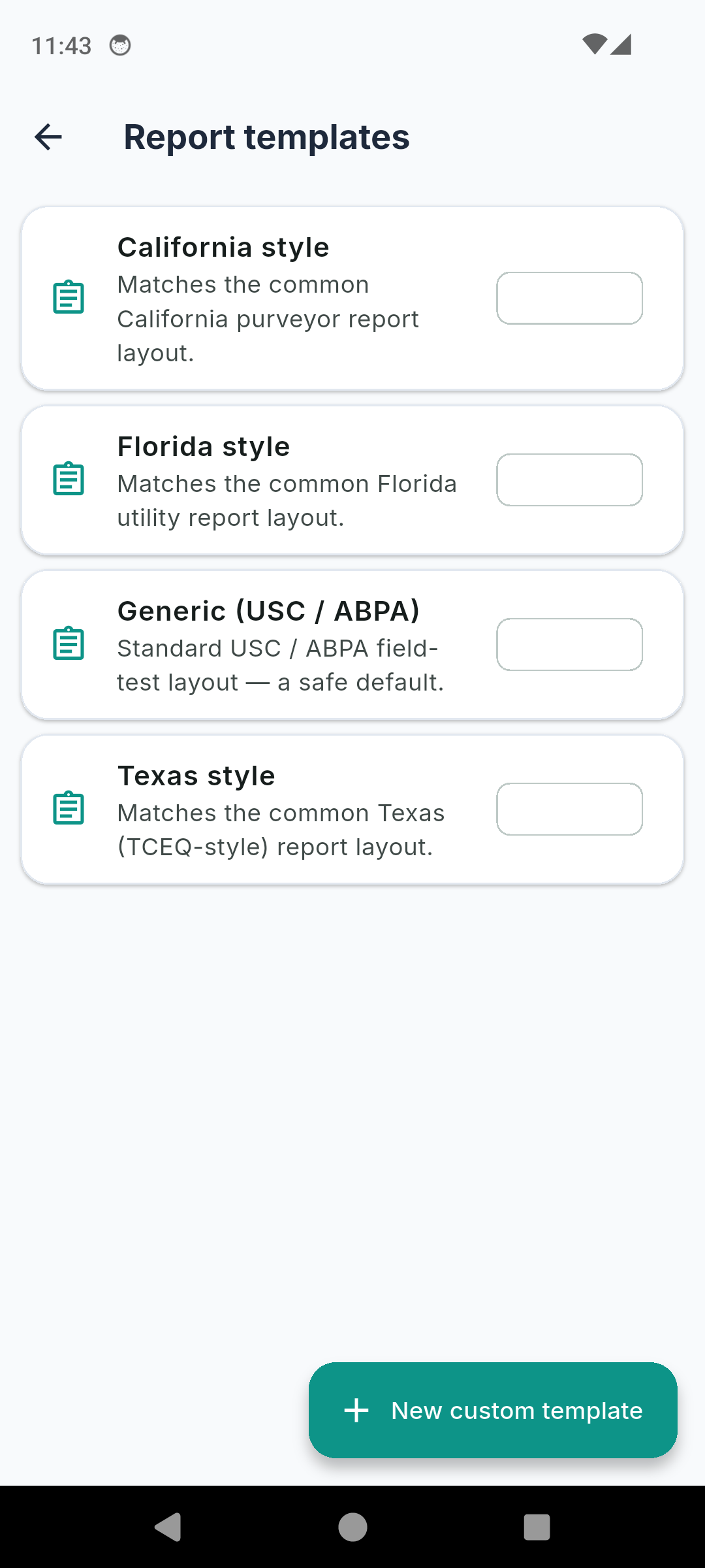 Backflow Test Report Log report templates for Generic USC ABPA, California, Florida and Texas water purveyor layouts