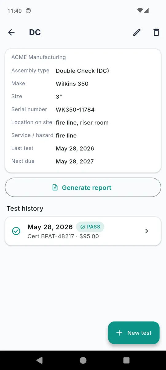 A double check assembly in BackTest for ACME Manufacturing: type, make Wilkins 350, size 3 inch, serial number, location on site, service or hazard fire line, last test and next due date, above a Generate report button and the test history