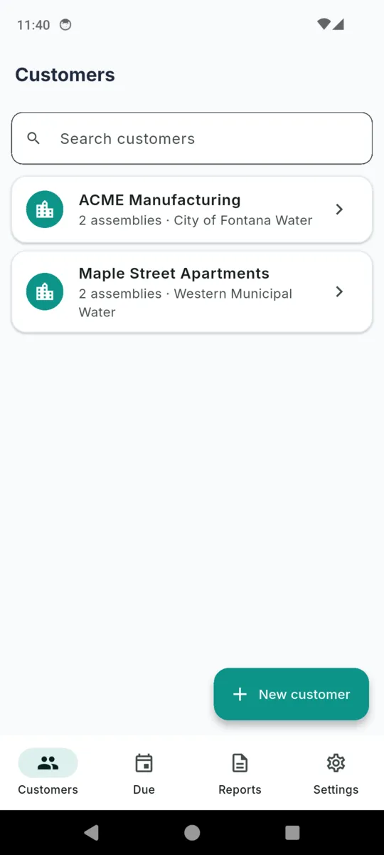 The BackTest customer list with a search field, showing ACME Manufacturing with two assemblies under City of Fontana Water and Maple Street Apartments with two assemblies under Western Municipal Water