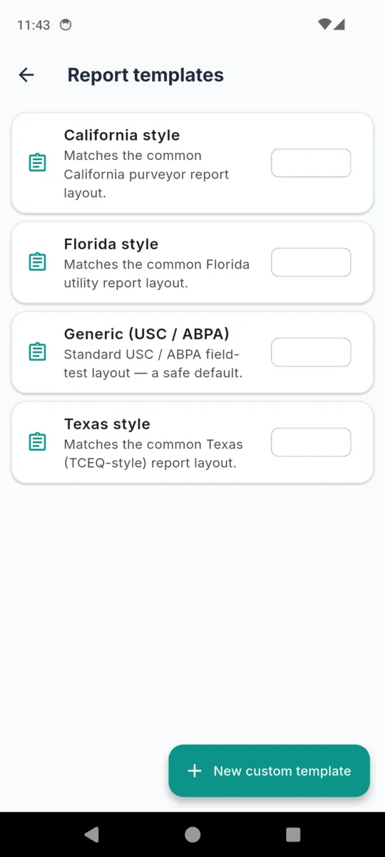 The BackTest report templates screen listing California style, Florida style, Generic USC and ABPA and Texas style layouts, with a New custom template button