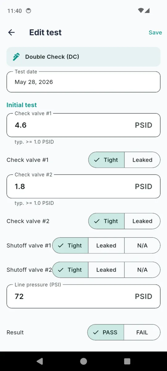 The BackTest edit test screen for a Double Check assembly with a test date, check valve number 1 reading 4.6 PSID marked Tight, check valve number 2 reading 1.8 PSID marked Tight, both shutoff valves marked Tight, a line pressure of 72 PSID and a PASS or FAIL result toggle