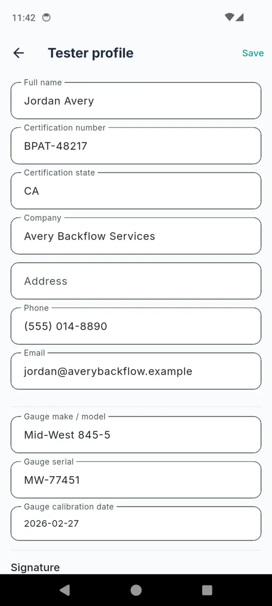 The BackTest tester profile form with full name, certification number, certification state, company, address, phone, email, gauge make and model, gauge serial and gauge calibration date fields