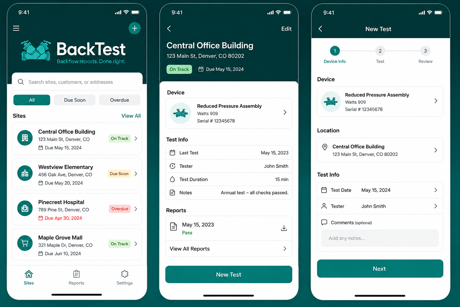 Backflow Test Report Log assembly history, type-conditional test form and PDF report screens