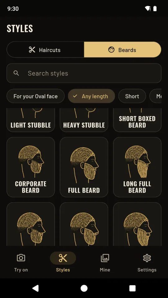 Beards, from light stubble to a long full beard, each with its own drawing.