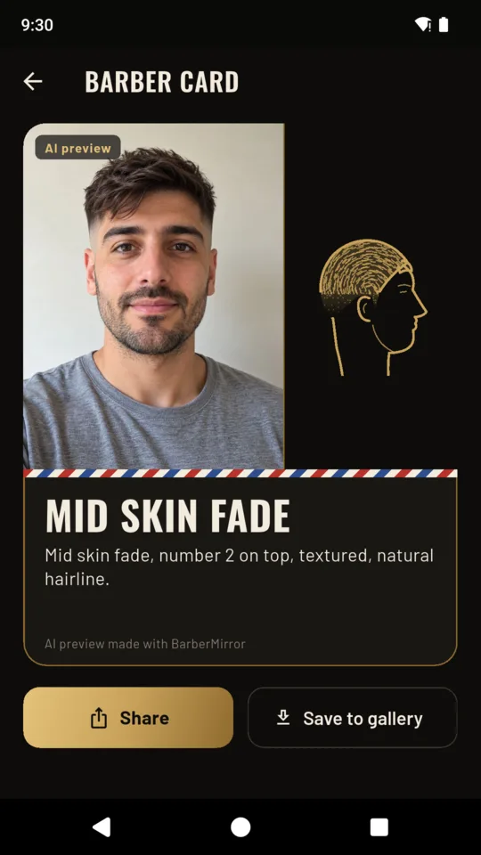 The barber card: the result, a side drawing of the cut, the style name and what to ask for, ready to share or save.