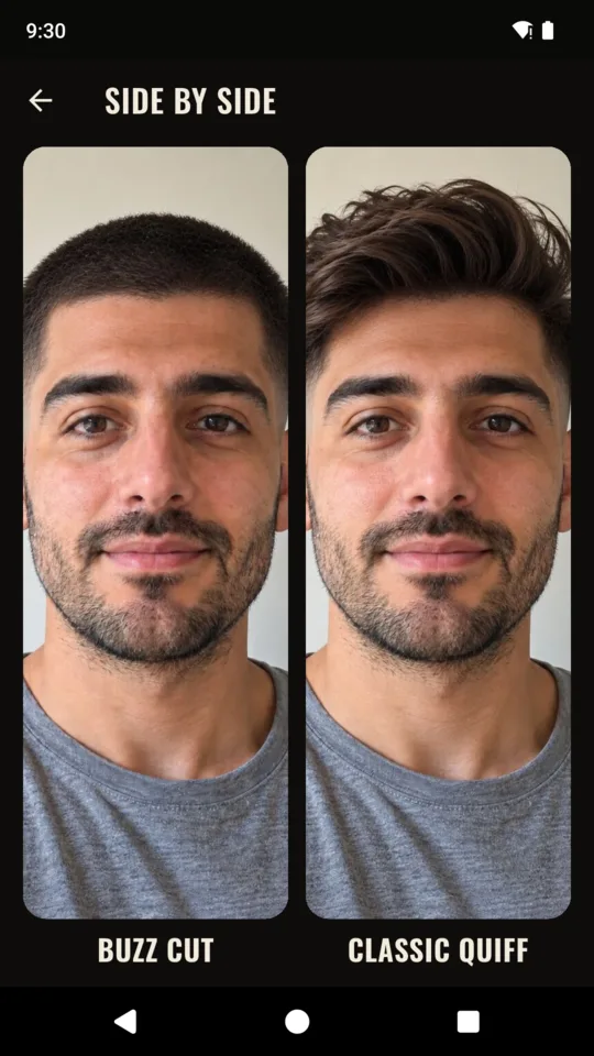 Side by side: a buzz cut next to a classic quiff on the same face.
