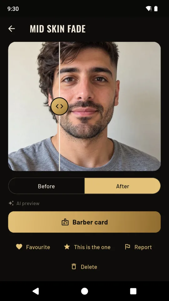 Mid skin fade: the before and after slider on a result, with the barber card button below