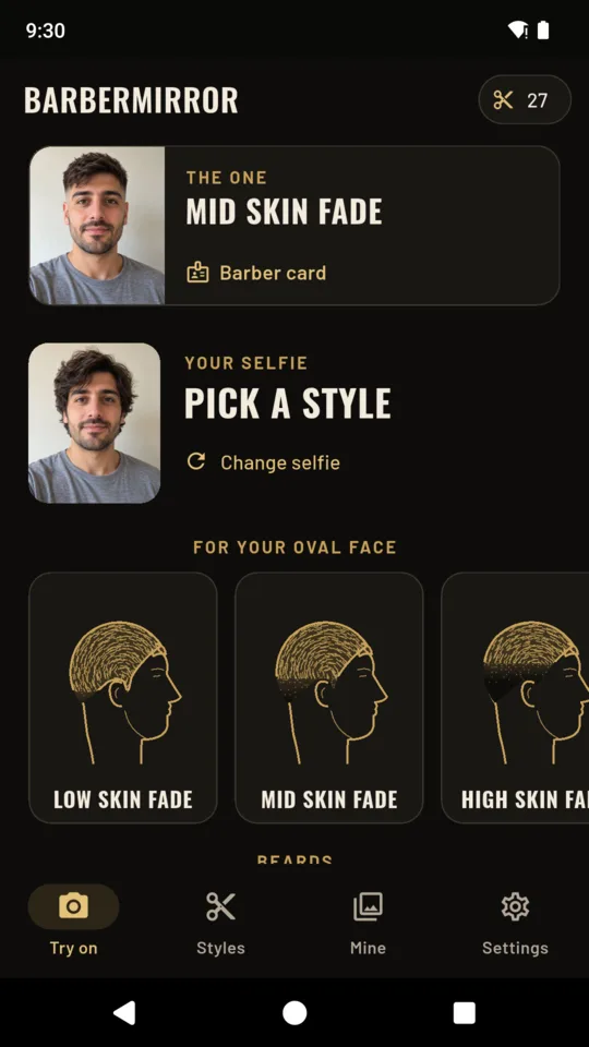 Try on: the style you picked, your selfie, and styles suggested for an oval face.