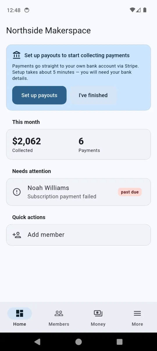 The BenchPass dashboard for a demo makerspace: a prompt to set up payouts, $2,062 collected this month across 6 payments, and one member flagged under Needs attention