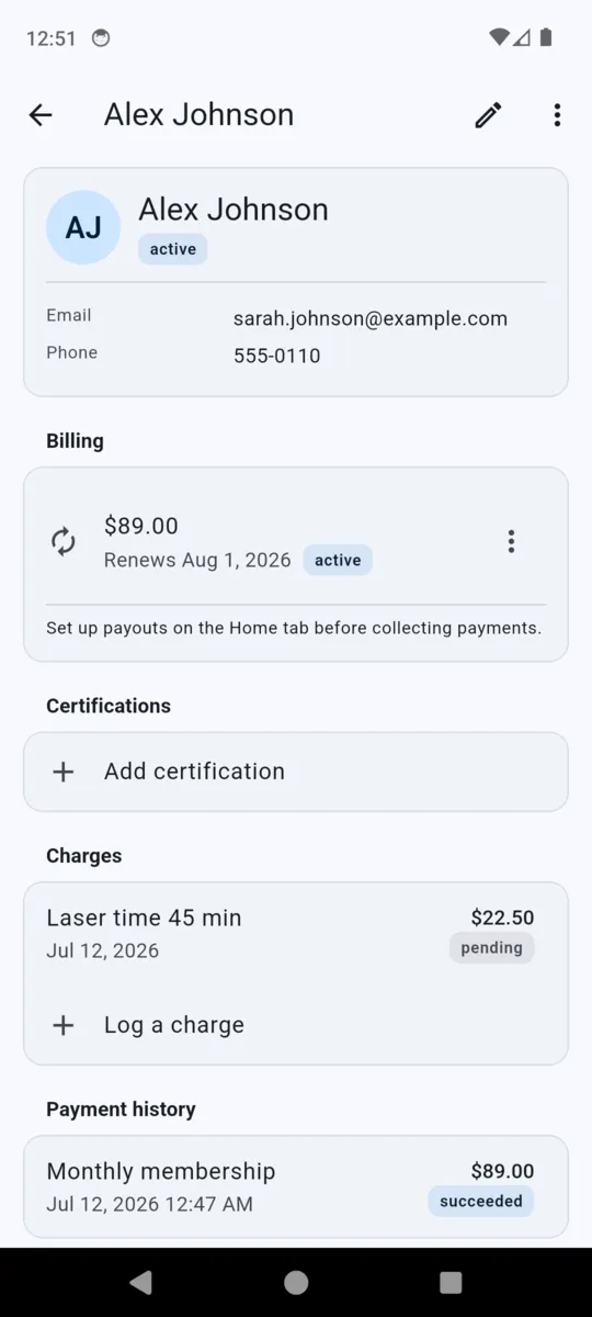 A BenchPass member record showing an active $89 monthly membership renewing on 1 August, a certifications card, a pending charge of $22.50 for 45 minutes of laser time, and payment history