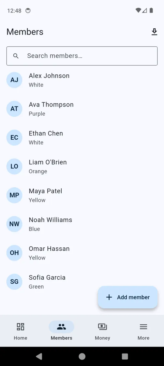 The BenchPass member list with a search box and eight demo members, each with a coloured initial avatar