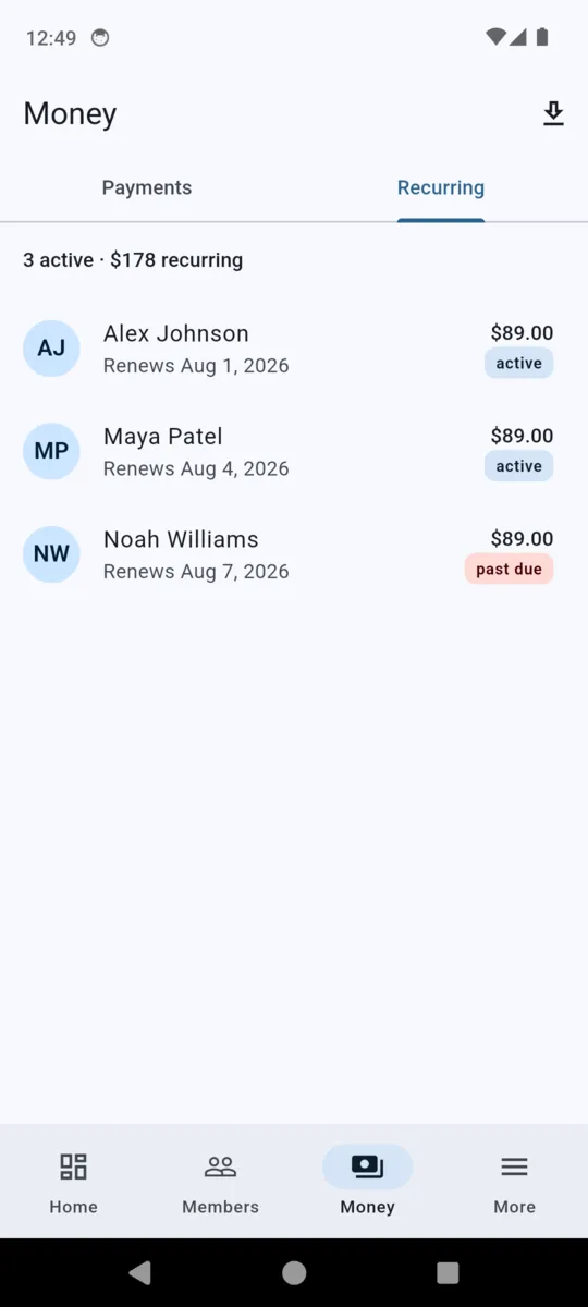 The Recurring tab in BenchPass listing three active memberships totalling $178, with renewal dates and one marked past due