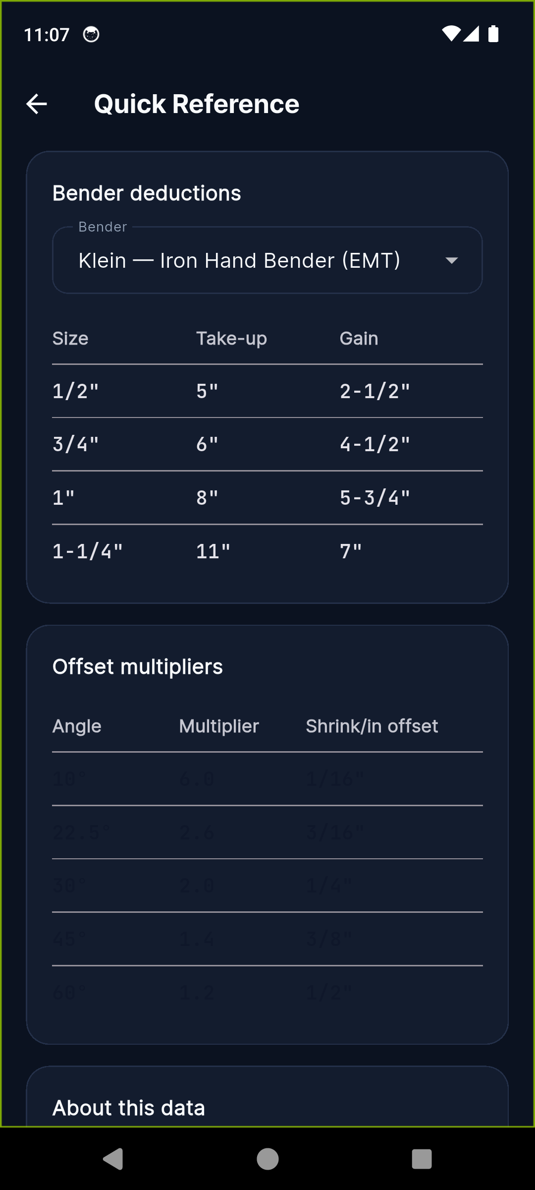BendPro take-up gain quick reference tables