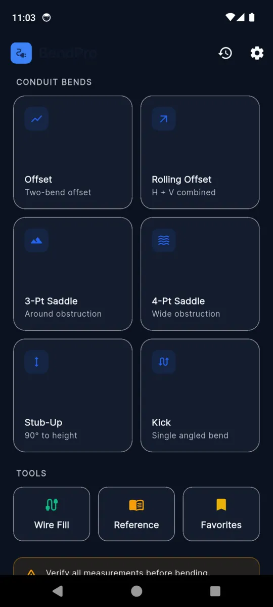 The BendPro home screen with six bend calculators in a grid and Wire Fill, Reference and Favorites below