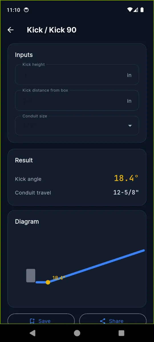 The BendPro kick calculator showing a kick angle of 18.4 degrees, conduit travel of 12-5/8 inches, a diagram and Save and Share buttons