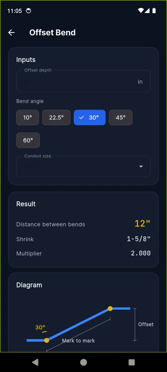 The BendPro offset bend screen showing distance between bends of 12 inches, shrink of 1-5/8 inches, a multiplier of 2.000 and a diagram