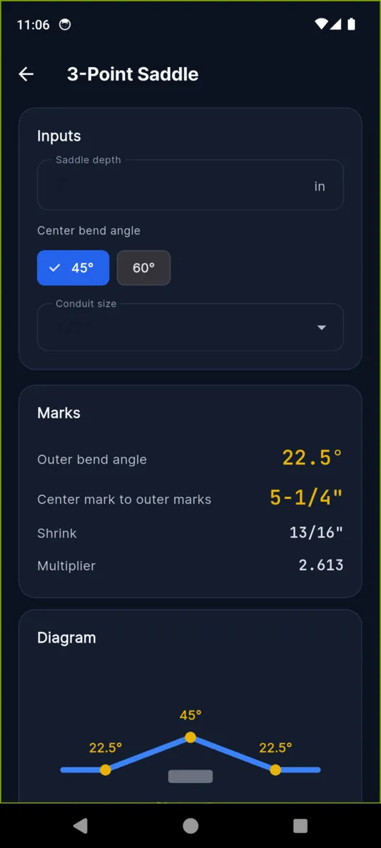 The BendPro three-point saddle screen showing a 45 degree centre bend, 22.5 degree outer bends and a centre-to-outer mark of 5-1/4 inches