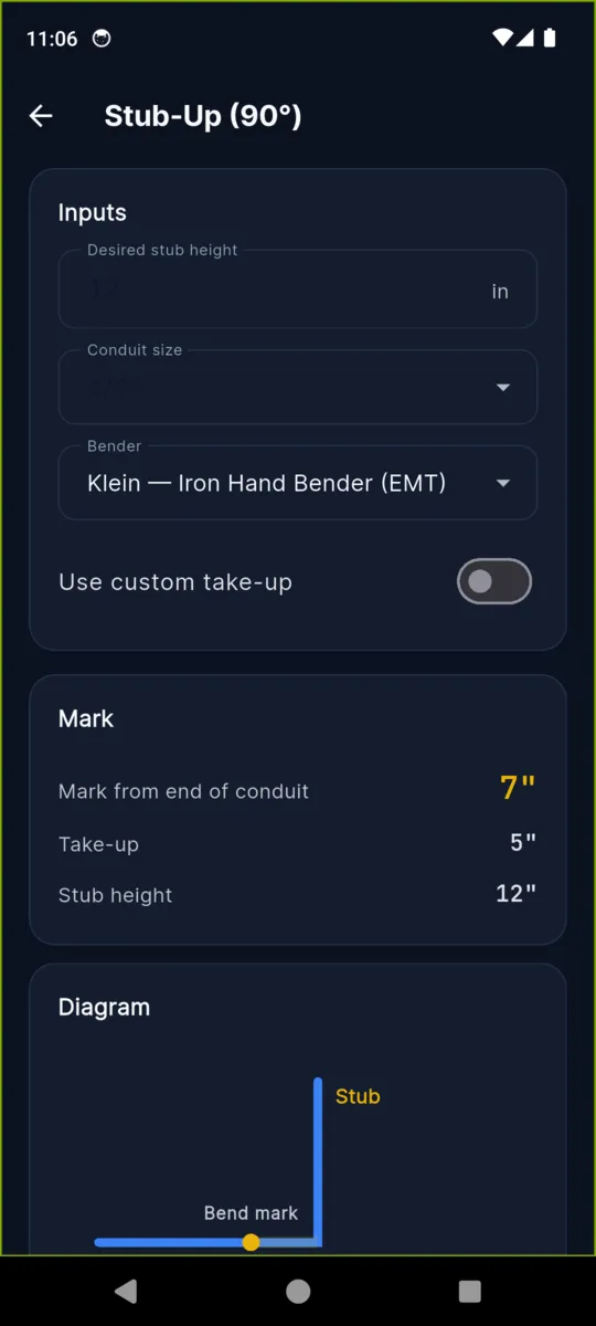 The BendPro stub-up screen with a Klein Iron Hand Bender selected, showing a mark 7 inches from the end of the conduit for a 12 inch stub