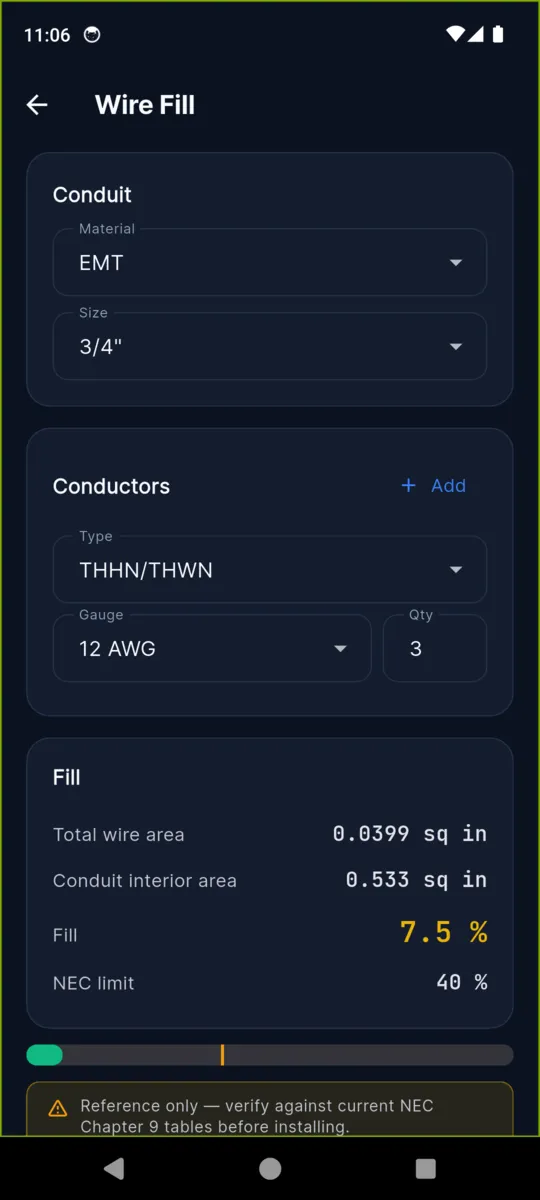 The BendPro wire fill screen showing three 12 AWG THHN conductors in 3/4 inch EMT at 7.5 percent fill against a 40 percent NEC limit