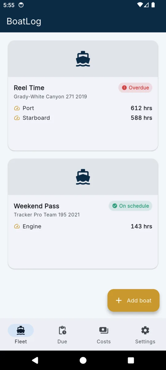 The BoatLog fleet screen: the twin-outboard boat Reel Time with Port at 612 hours and Starboard at 588 hours under a red Overdue badge, above the single-engine boat Weekend Pass showing on schedule