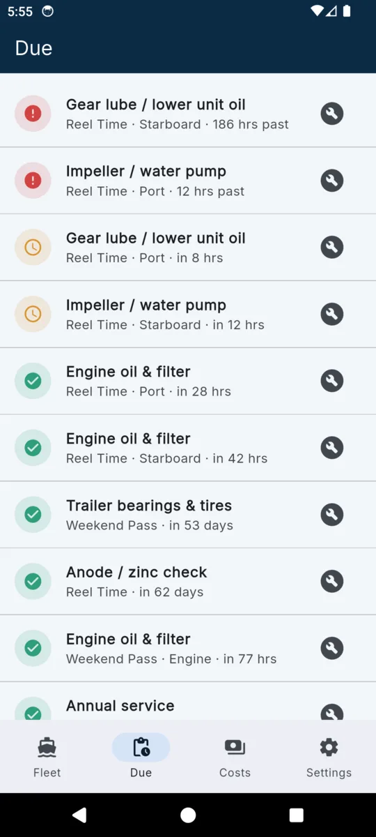 The BoatLog Due list: a red Overdue card for the port impeller on Reel Time, an amber Due soon card, and green upcoming items, each named with its engine