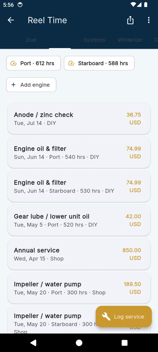 The service history for a boat: entries with date, engine hours, cost and photo receipts, newest first