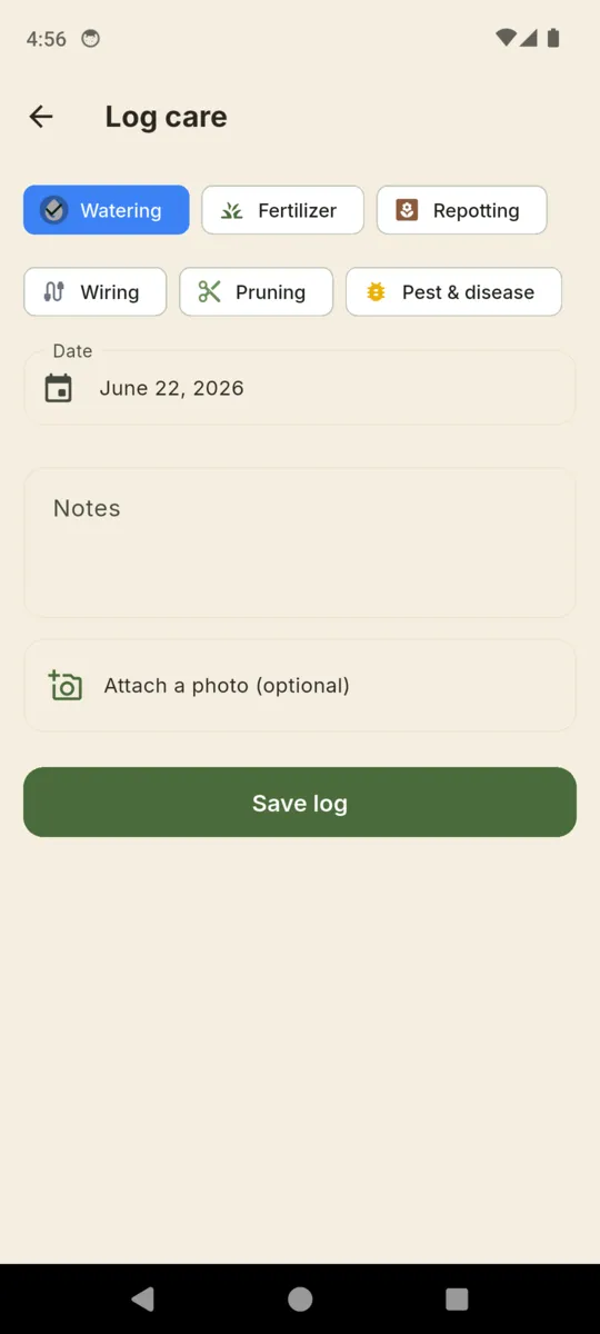 The BonsaiLog care entry editor with the six care types as chips, a date field, notes and an optional photo