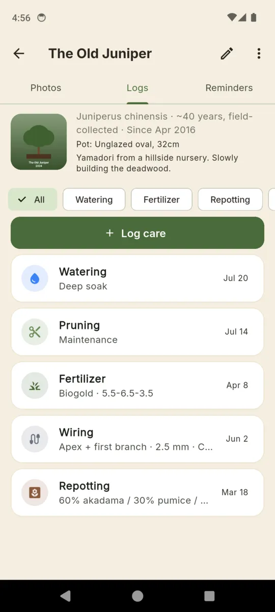 The logs tab of a tree in BonsaiLog showing watering, pruning, fertiliser, wiring and repotting entries with their details, filtered by type