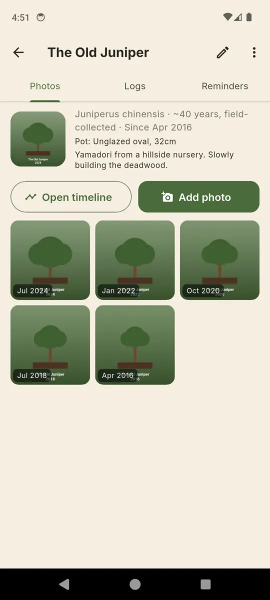 The photos tab of a tree in BonsaiLog: species, age, pot and acquisition details above a grid of dated thumbnails