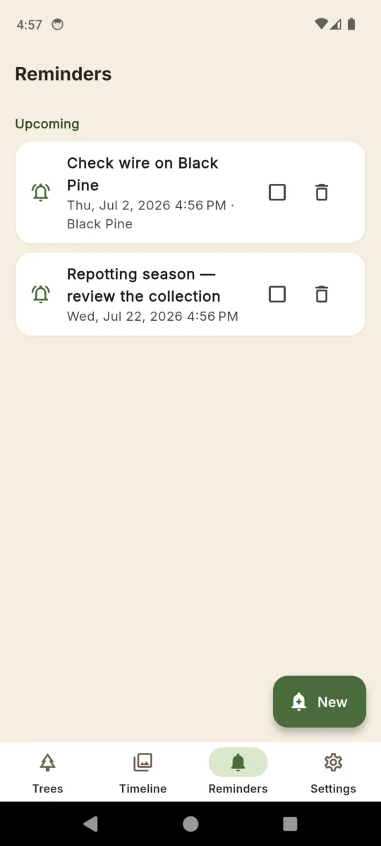 The BonsaiLog reminders screen with two upcoming reminders written by the user, one of them attached to Black Pine