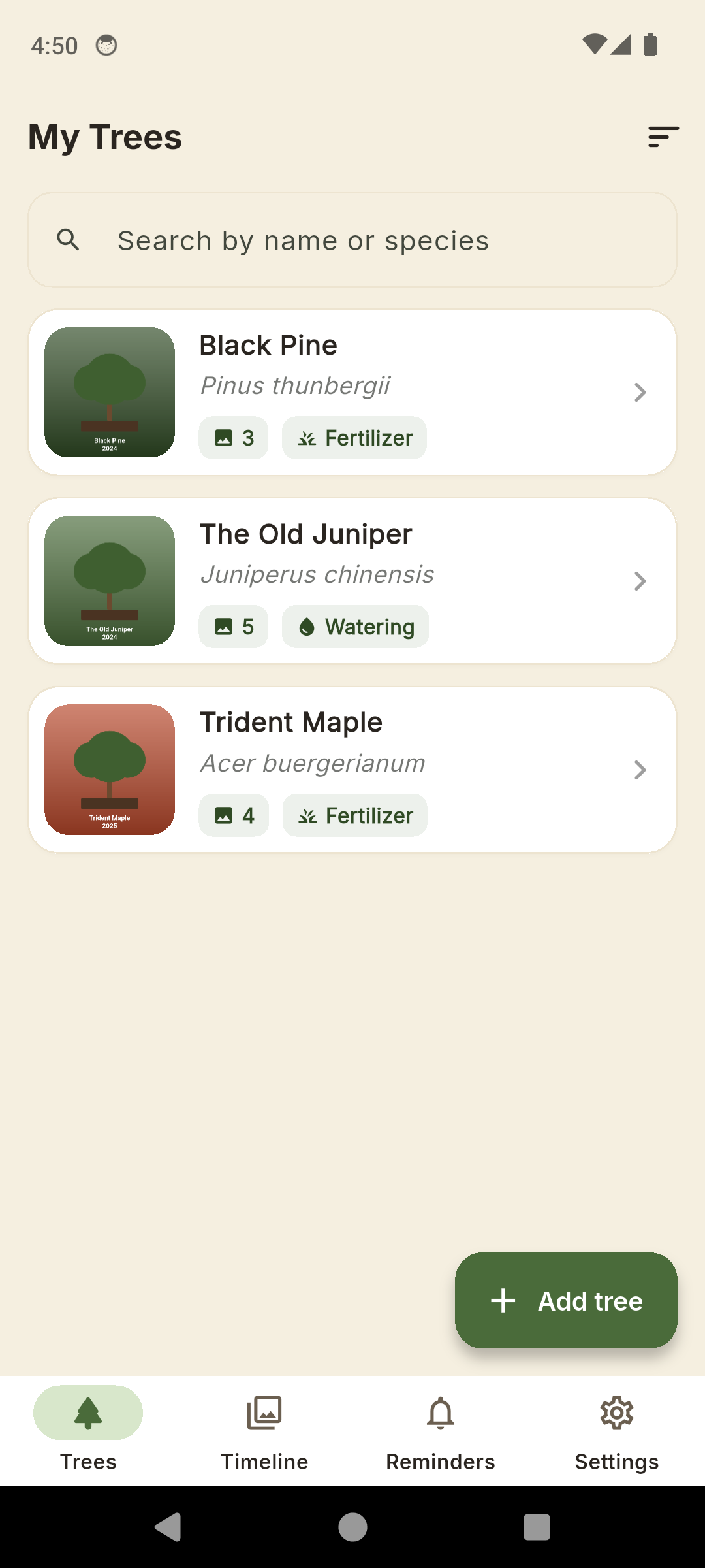 BonsaiLog tree library listing each bonsai as a card with cover photo, species and last-action chip