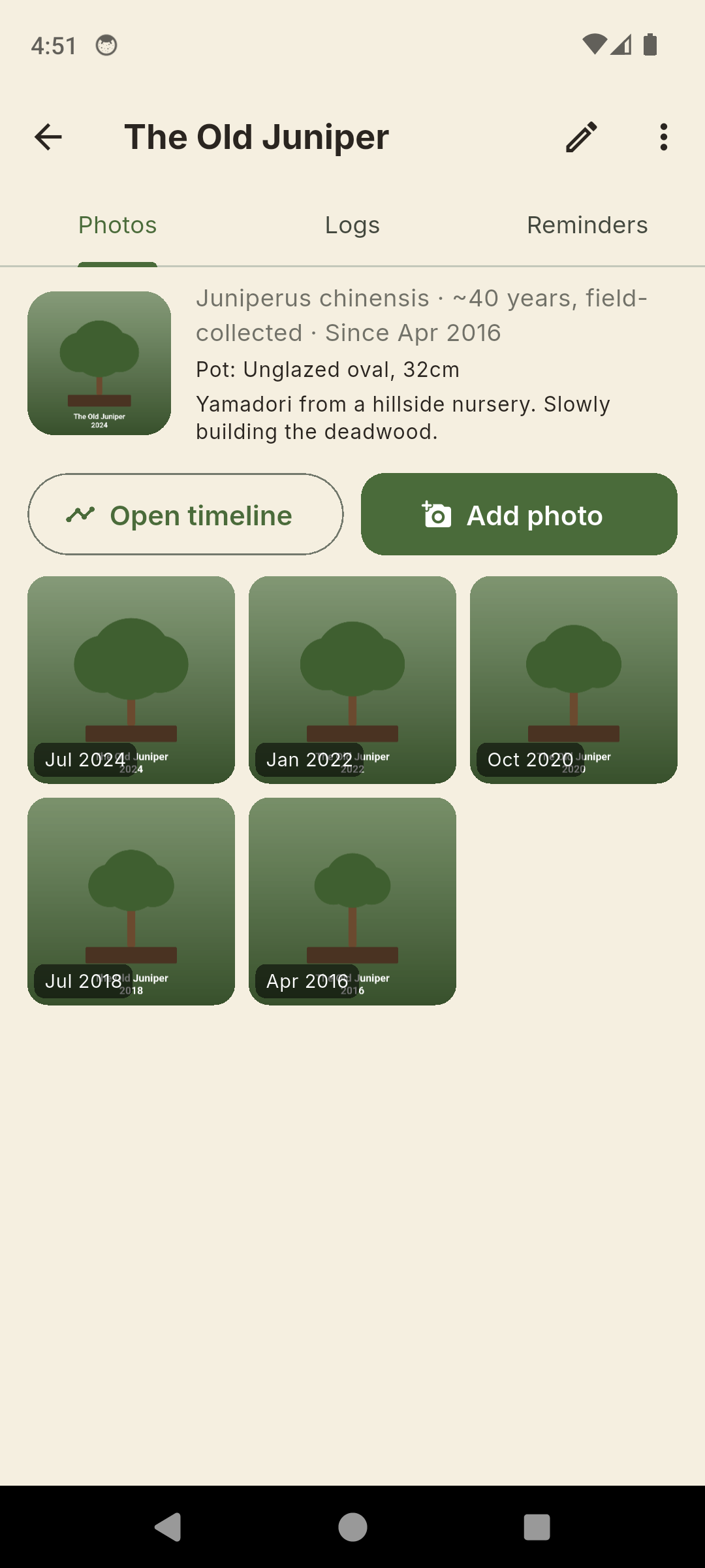 BonsaiLog tree detail with cover photo, species, age, pot and a grid of timeline photos by date