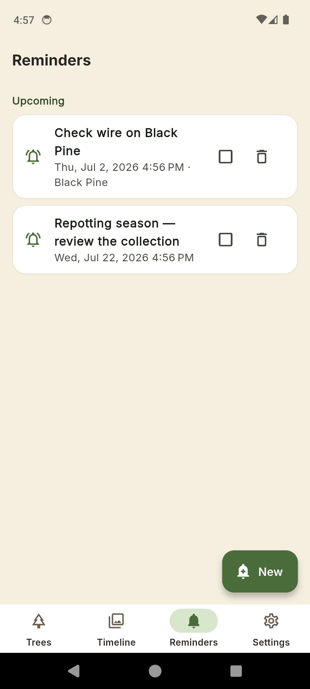 BonsaiLog reminders you set yourself with dates and optional tree links