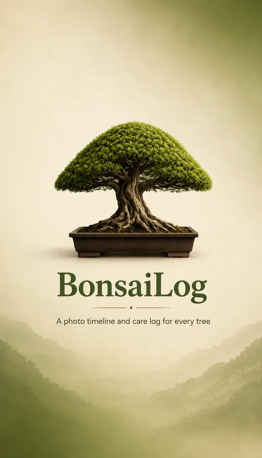The BonsaiLog launch screen: a mature bonsai above the wordmark and the line A photo timeline and care log for every tree