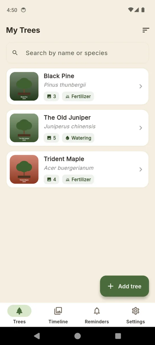 The BonsaiLog collection screen listing Black Pine, The Old Juniper and Trident Maple with species, photo counts and the last care type logged