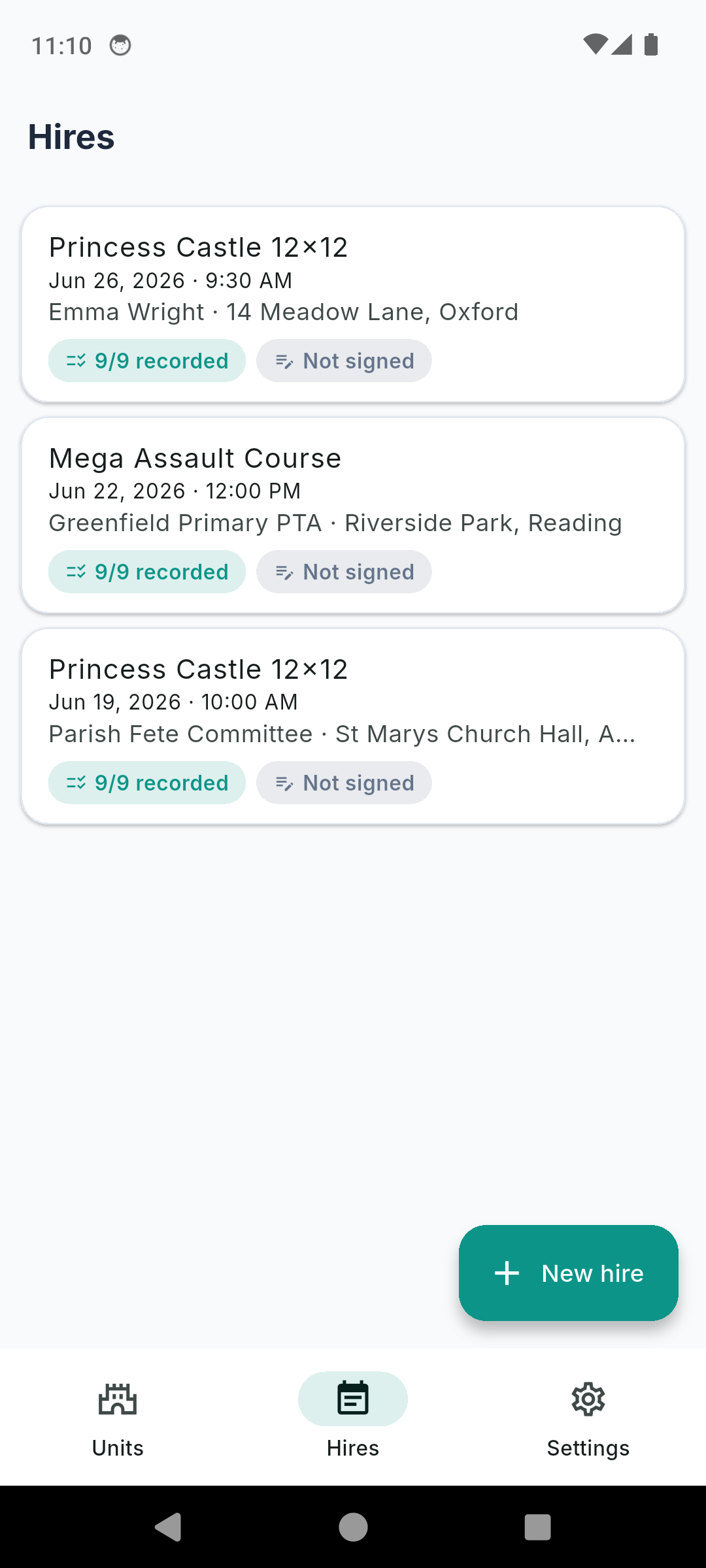 BounceLog hires list showing every hire with its check completeness and handover status