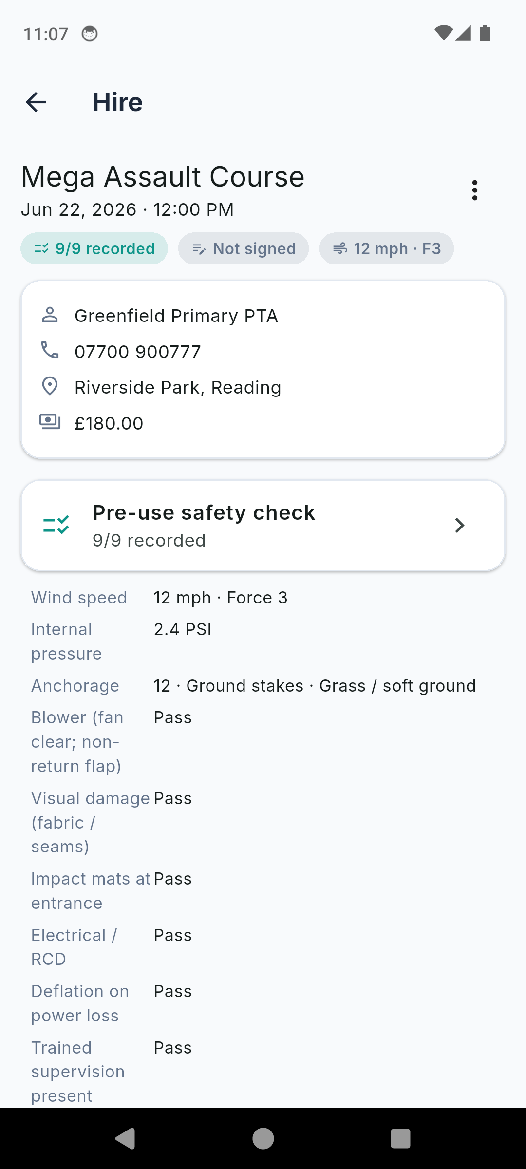 BounceLog hire detail showing the recorded wind speed, internal pressure and anchorage with a signed handover